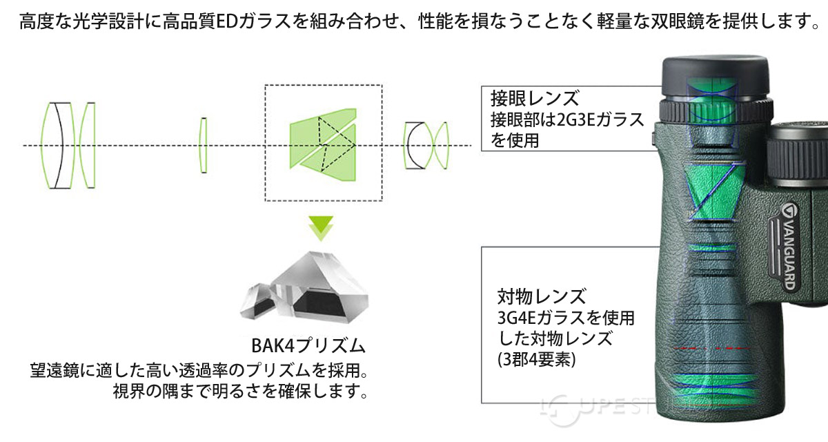 高度な光学設計に高品質EDガラスを組み合わせ、性能を損なうことなく軽量な双眼鏡を提供します。 