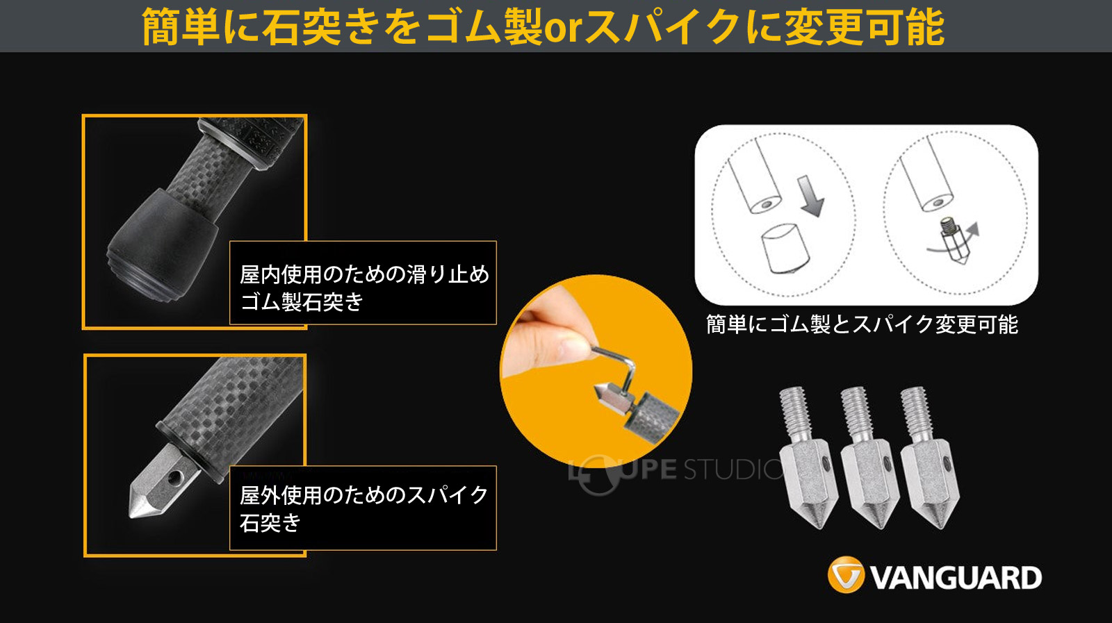 簡単に石突きをゴム製orスパイクに変更可能