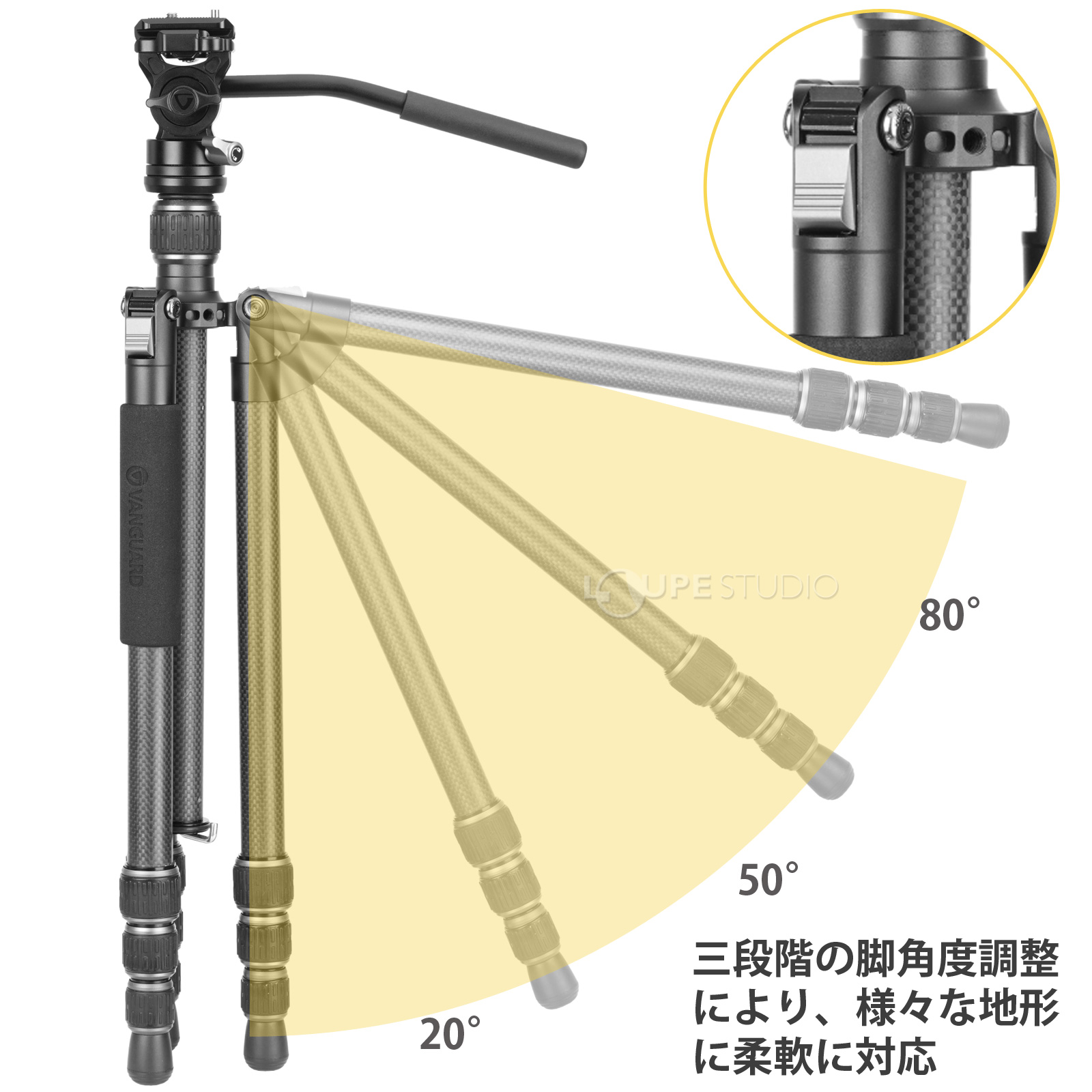 三段階の脚角度調整により、様々な地形に柔軟に対応 