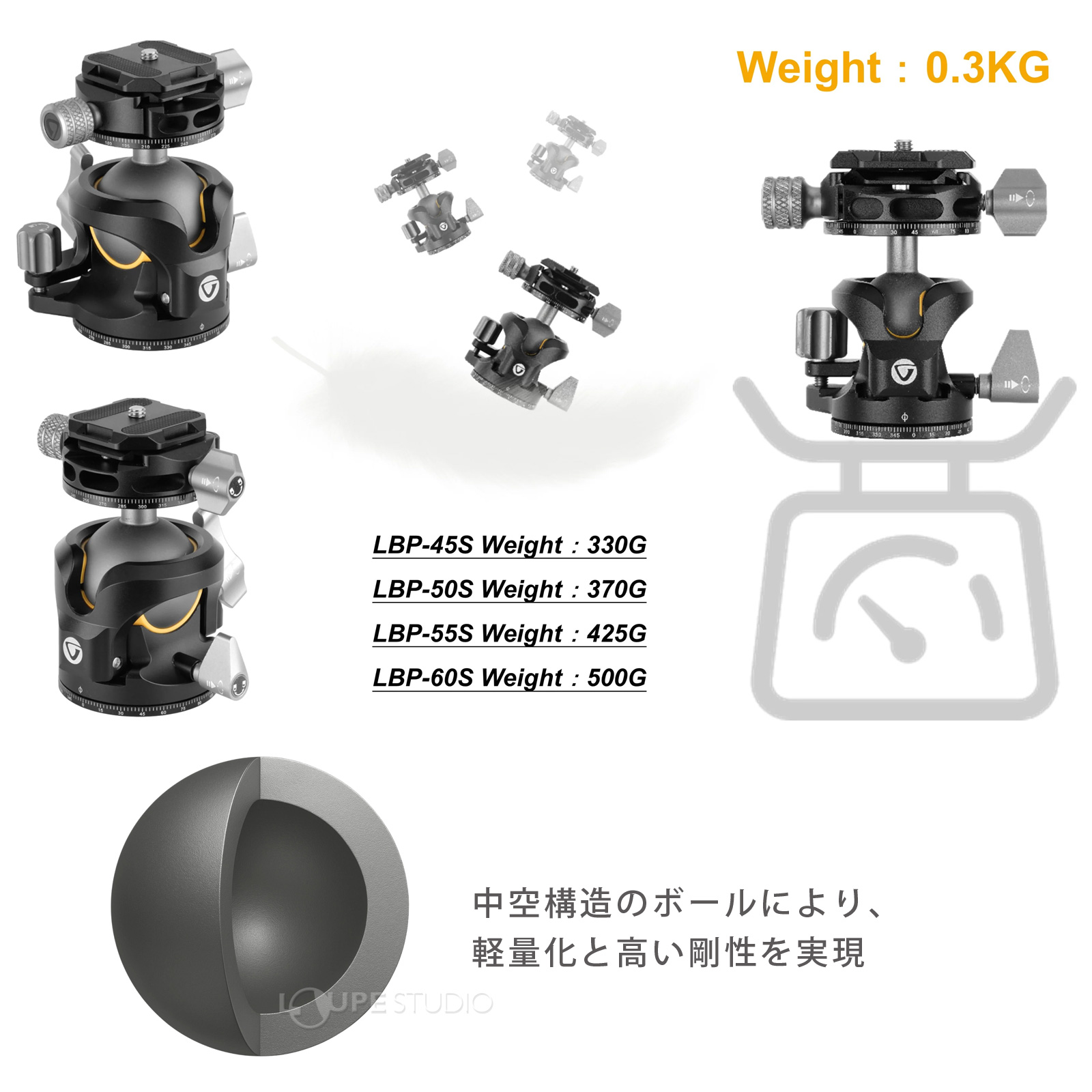 中空構造設計の自由雲台 