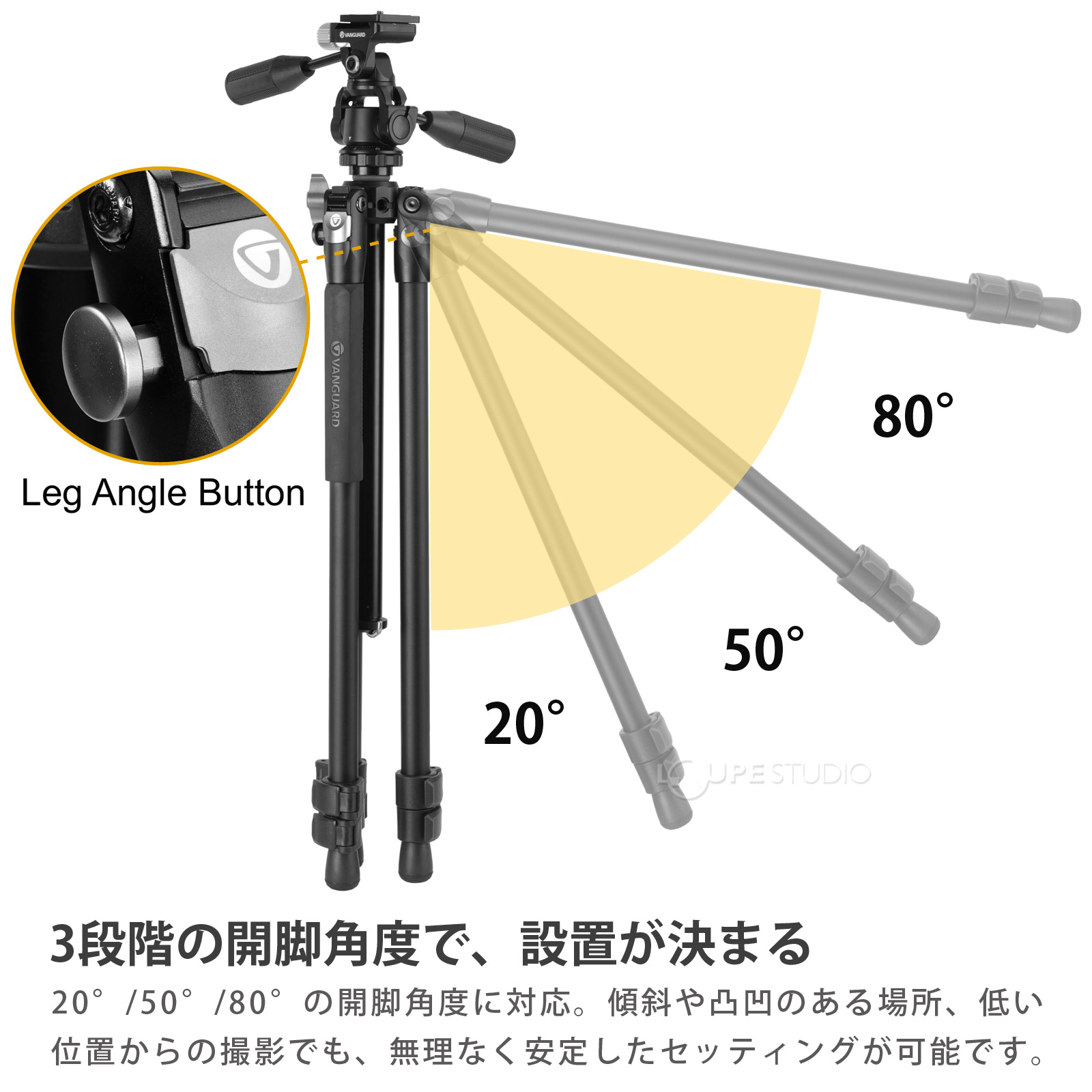 3段階の開脚角度で、設置が決まる 