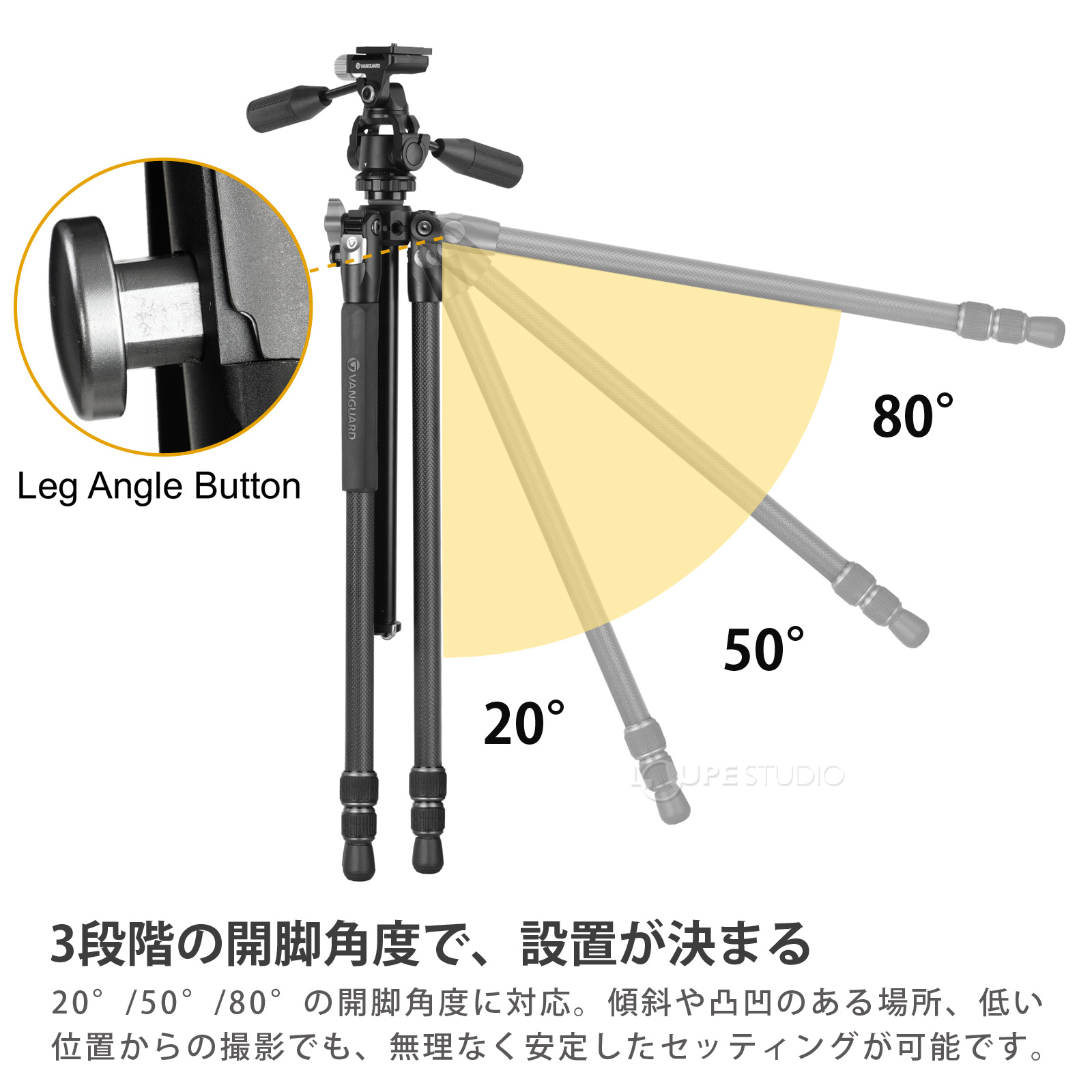 3段階の開脚角度で、設置が決まる 