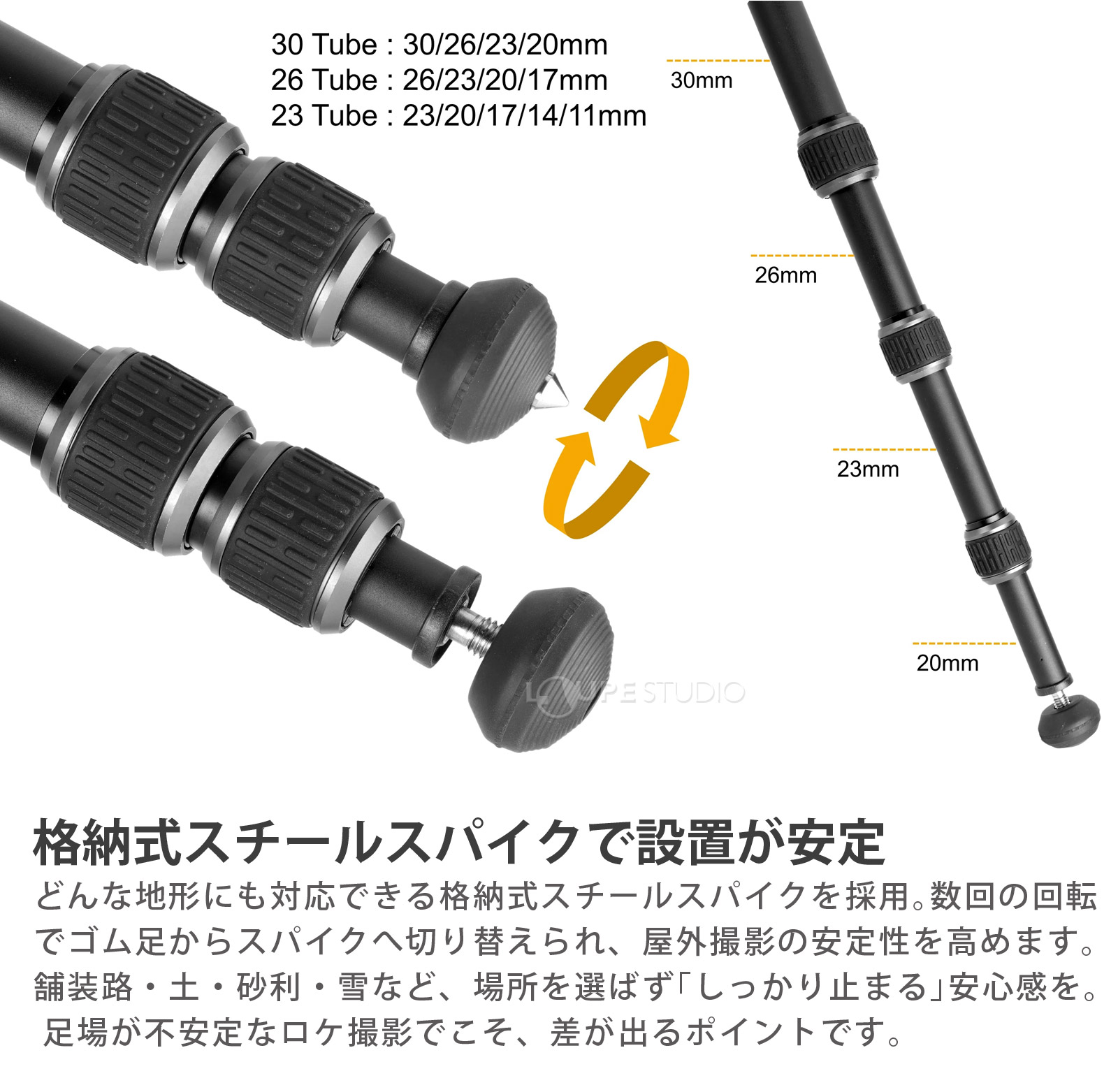 格納式スチールスパイクで設置が安定 