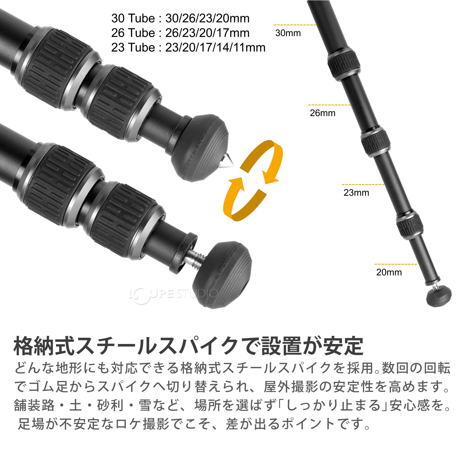 格納式スチールスパイクで設置が安定 
