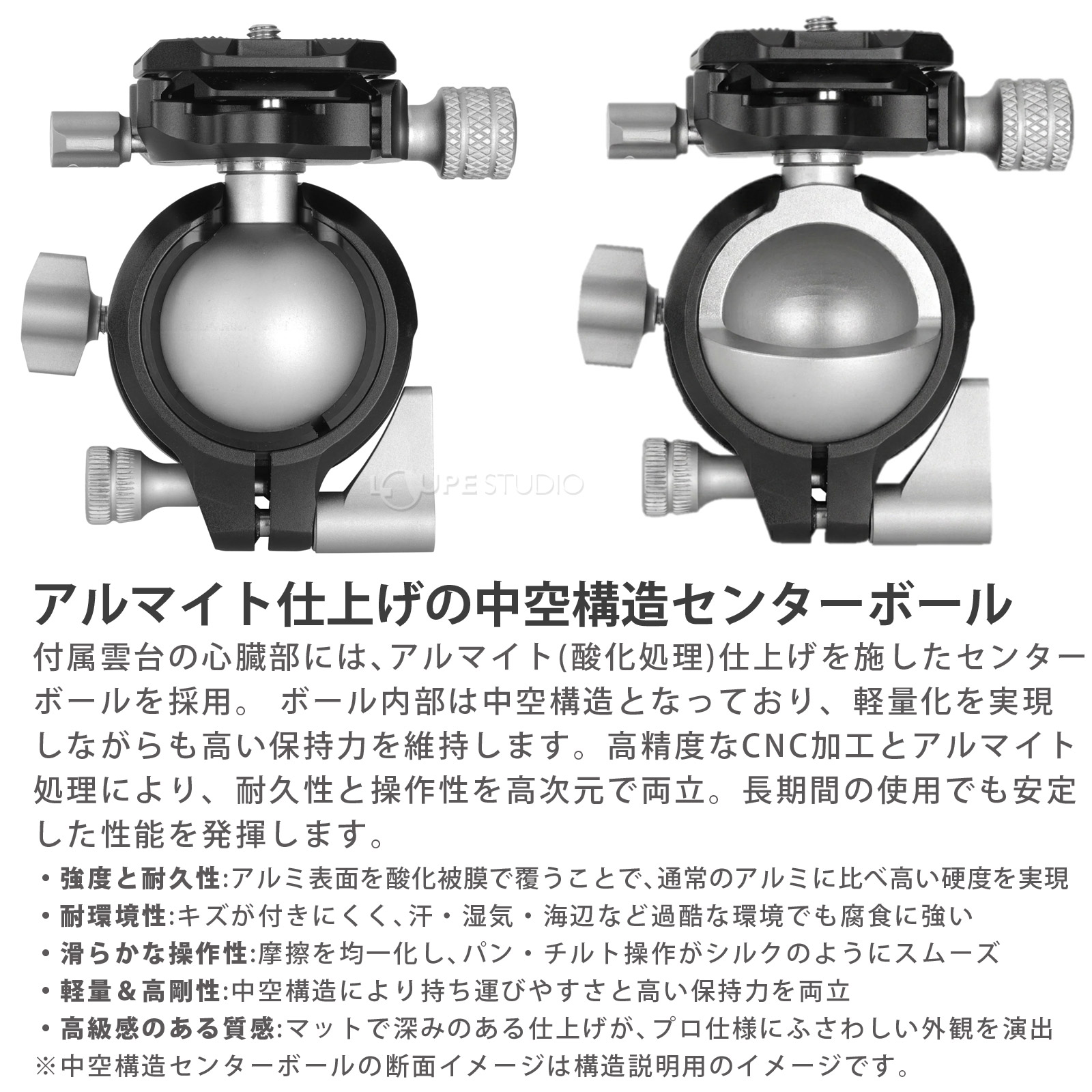 アルマイト仕上げの中空構造センターボール 