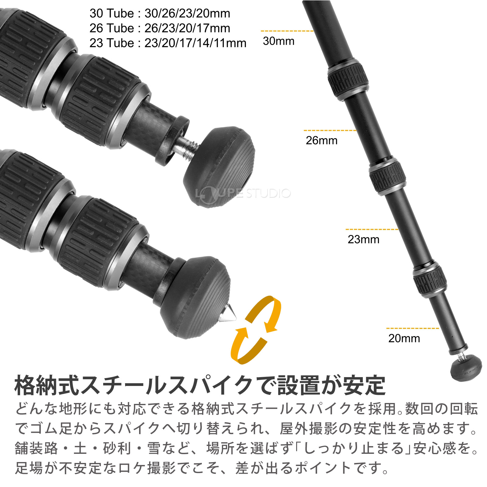 格納式スチールスパイクで設置が安定 