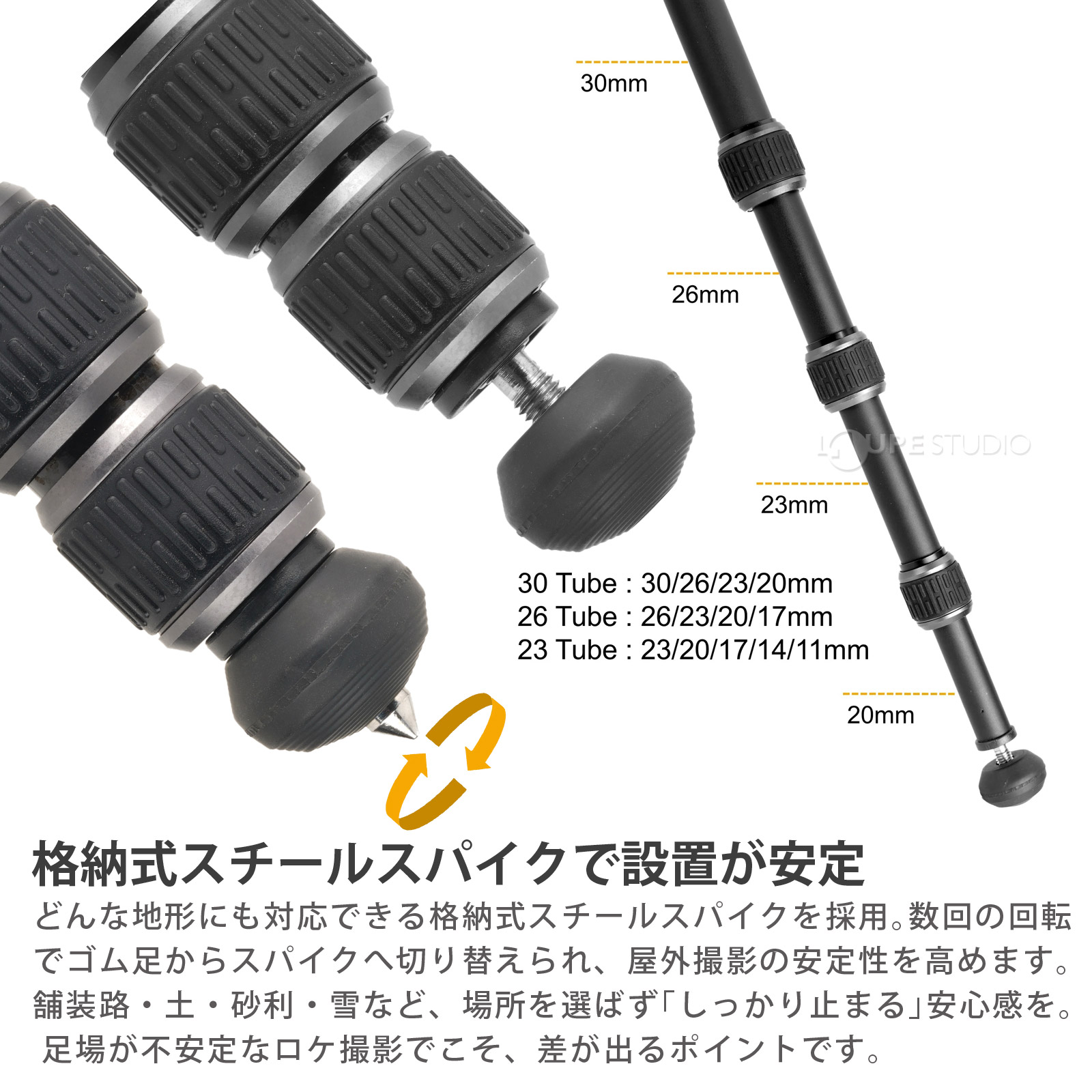 格納式スチールスパイクで設置が安定 