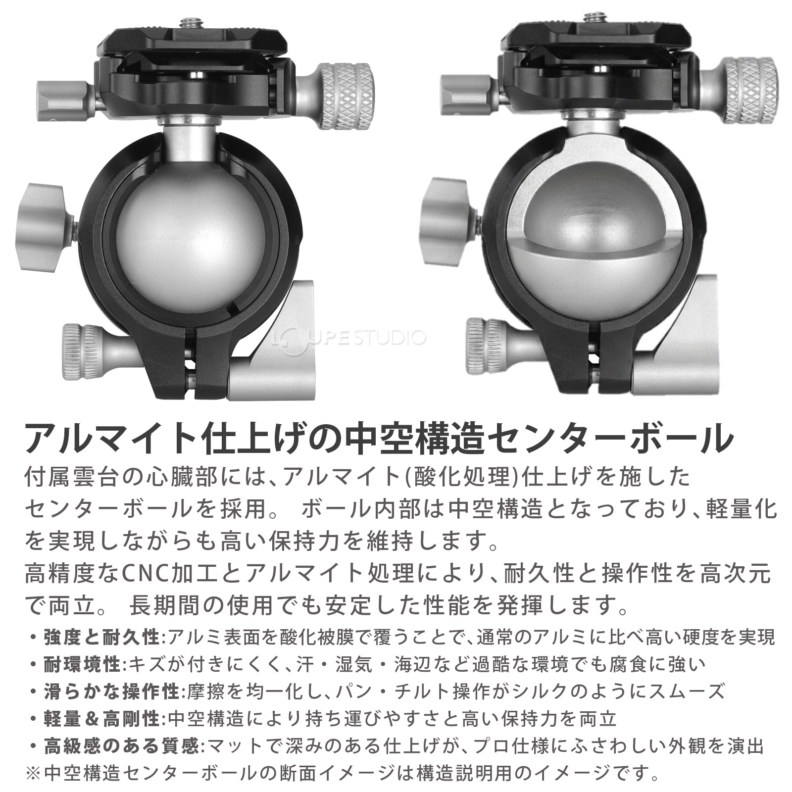 アルマイト仕上げの中空構造センターボール 