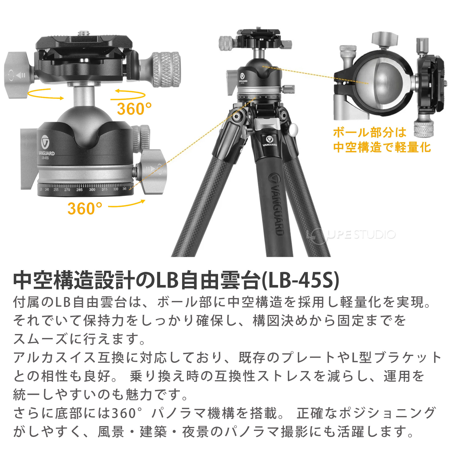 中空構造設計のLB自由雲台(LB-55S) 