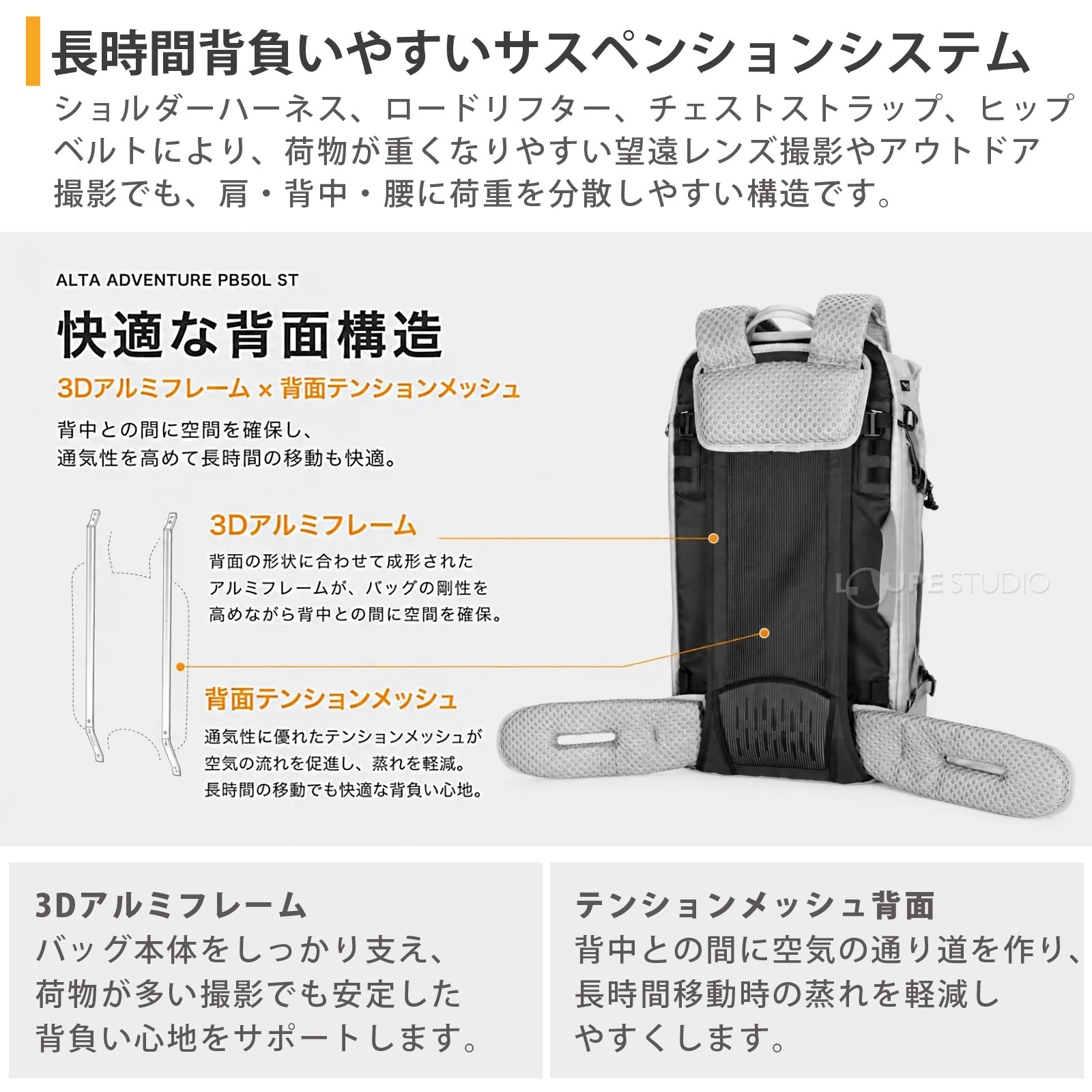 長時間背負いやすいサスペンションシステム 