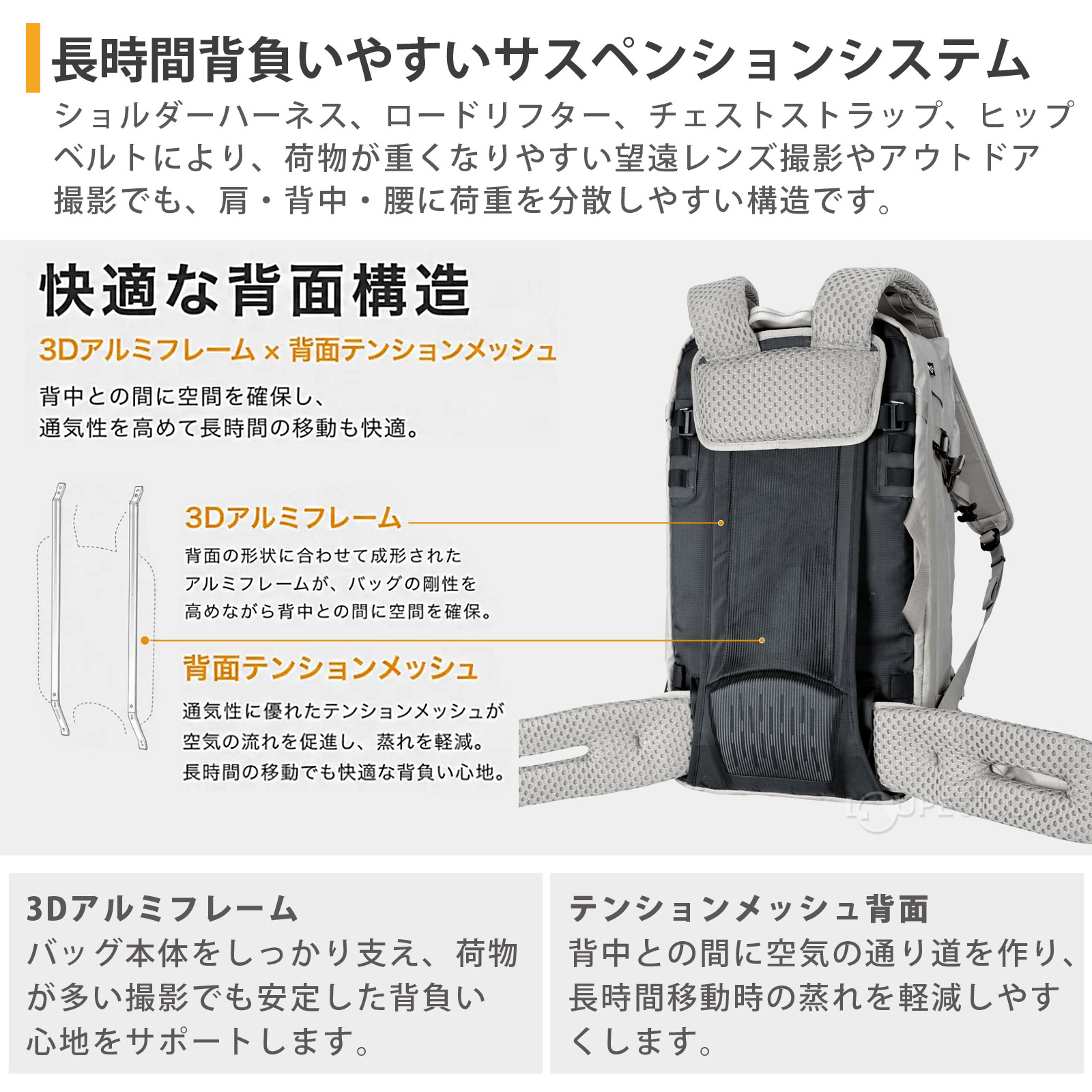 長時間背負いやすいサスペンションシステム 