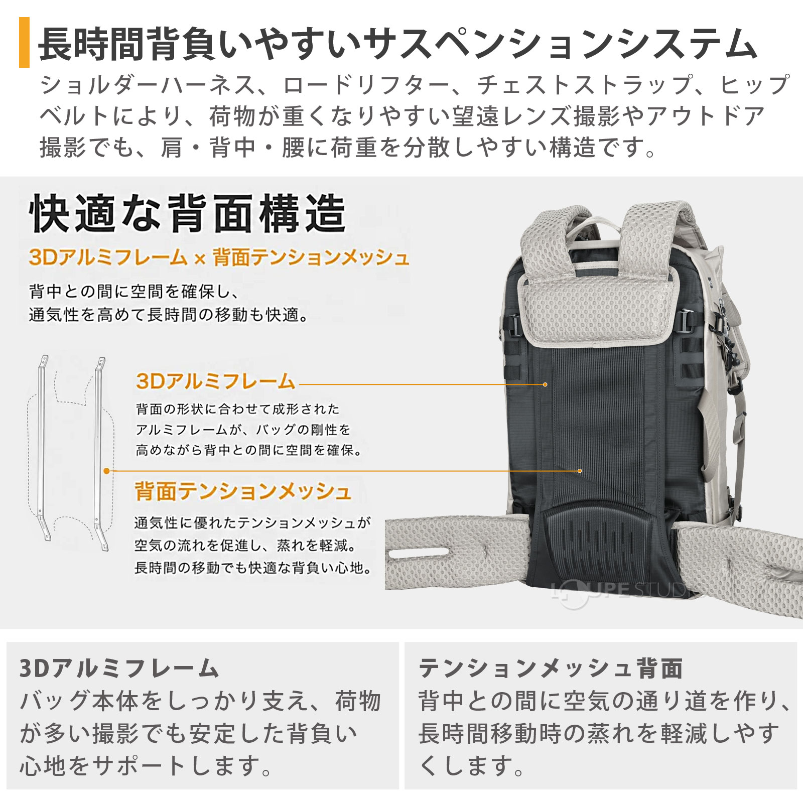 長時間背負いやすいサスペンションシステム 