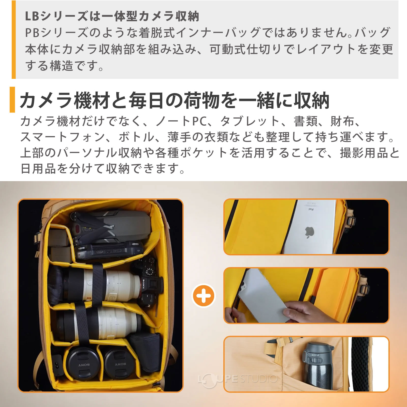 カメラ機材と毎日の荷物を一緒に収納 