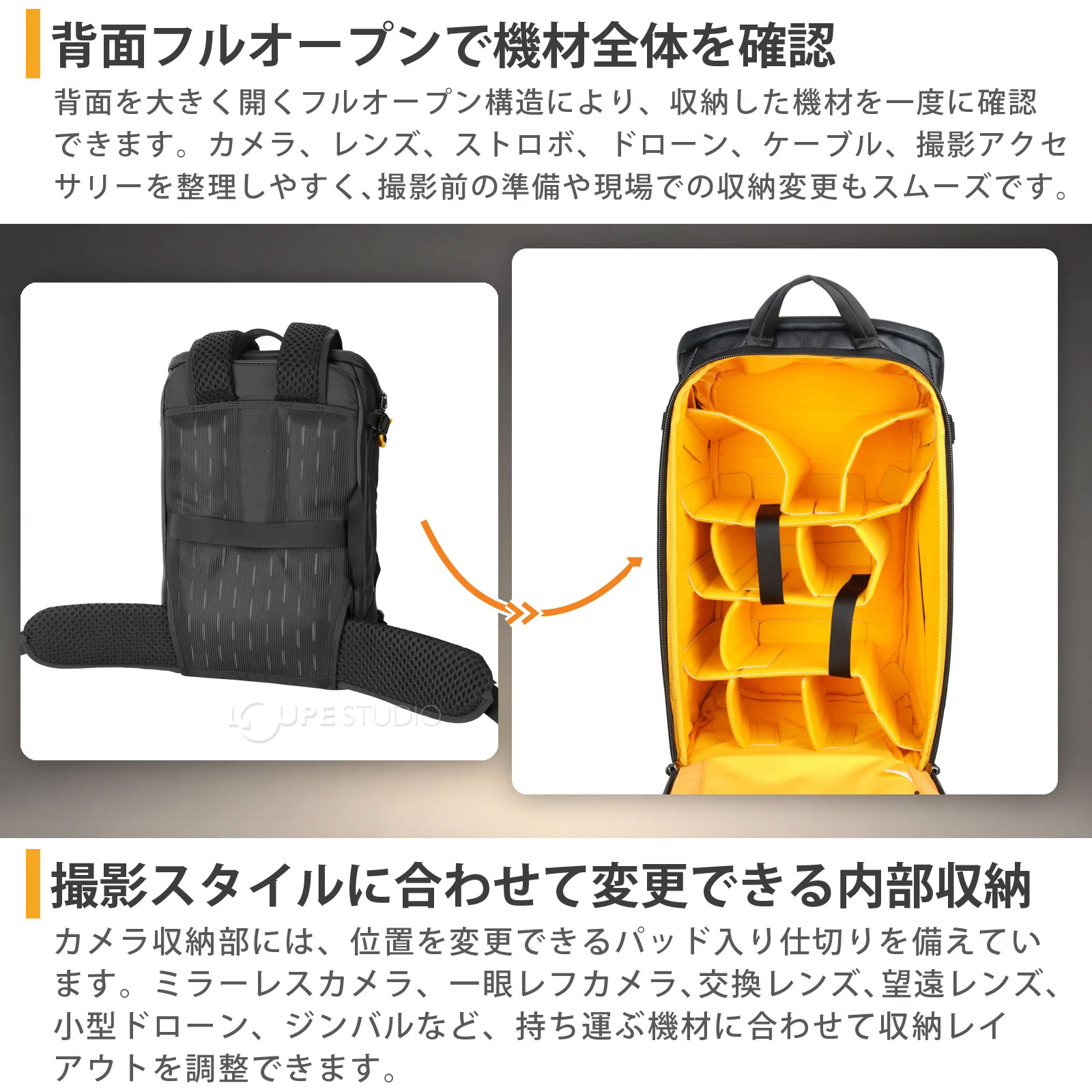 背面フルオープンで機材全体を確認 