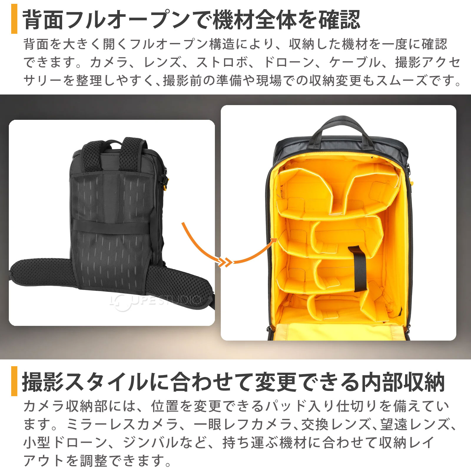 背面フルオープンで機材全体を確認 
