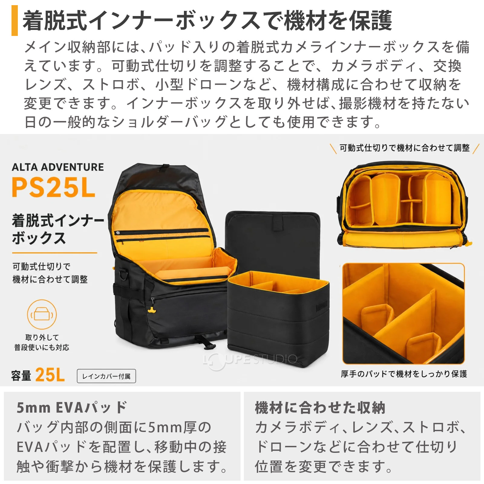 着脱式インナーボックスで機材を保護 