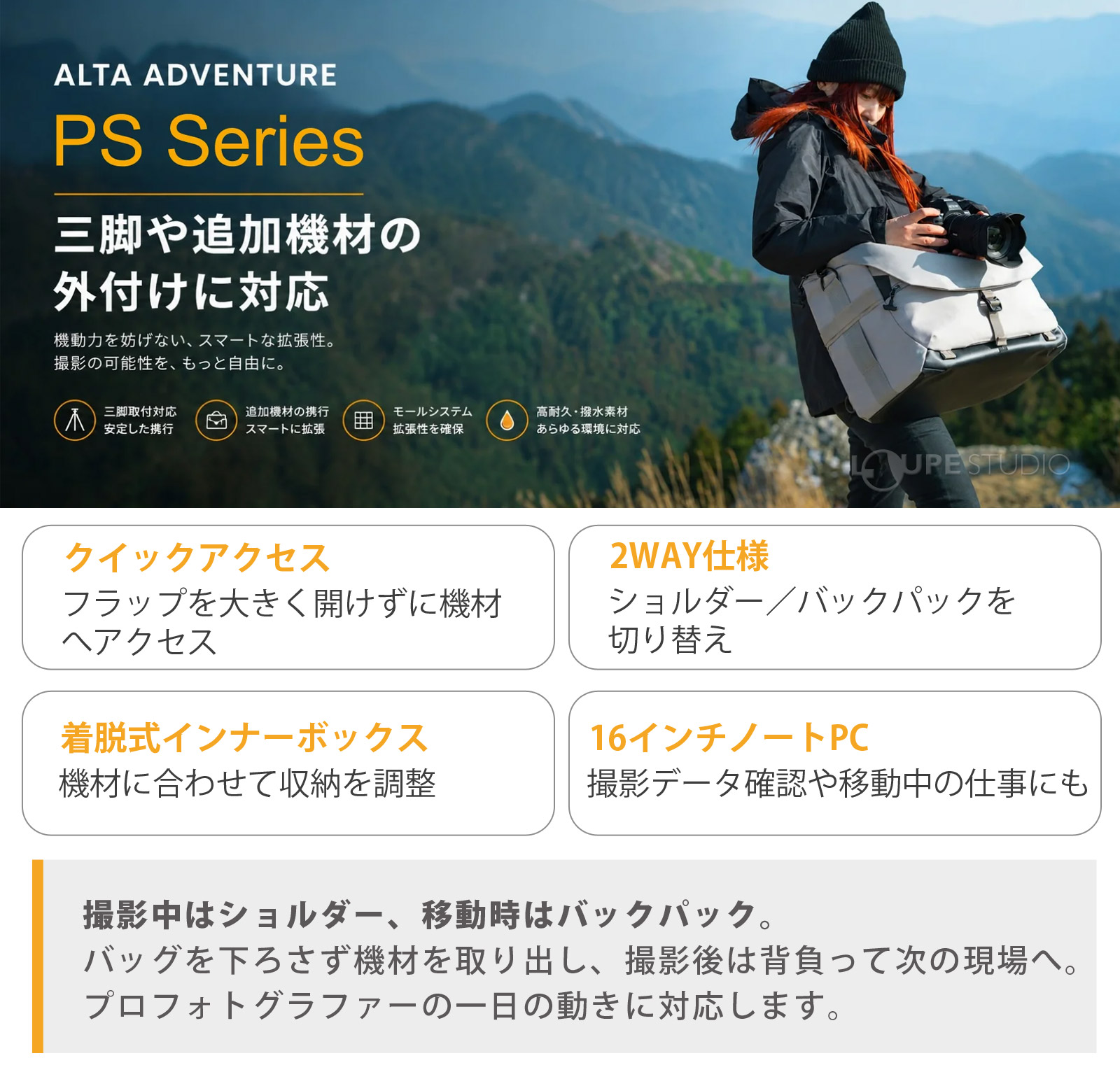 撮影中はショルダー、移動時はバックパック 