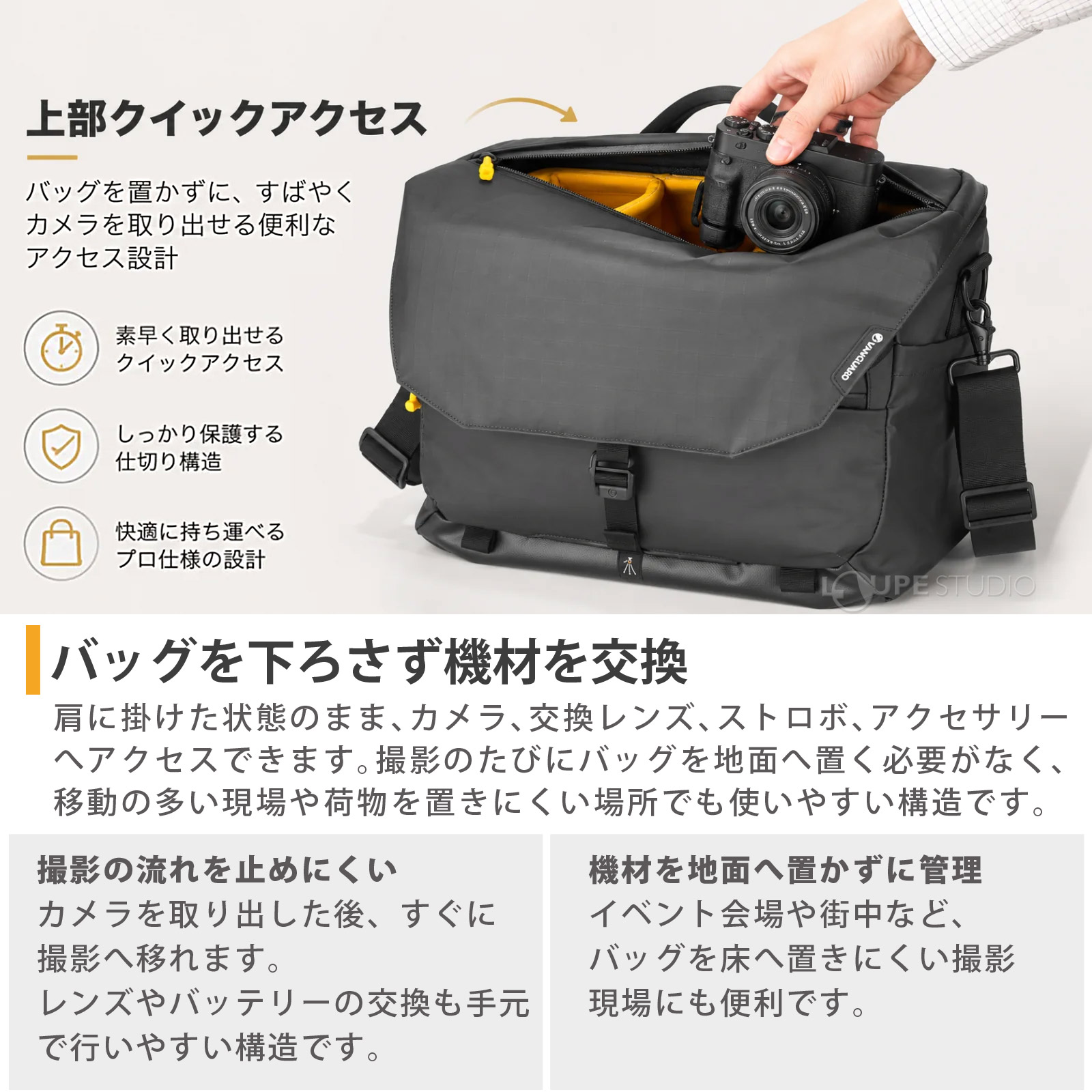 バッグを下ろさず機材を交換 