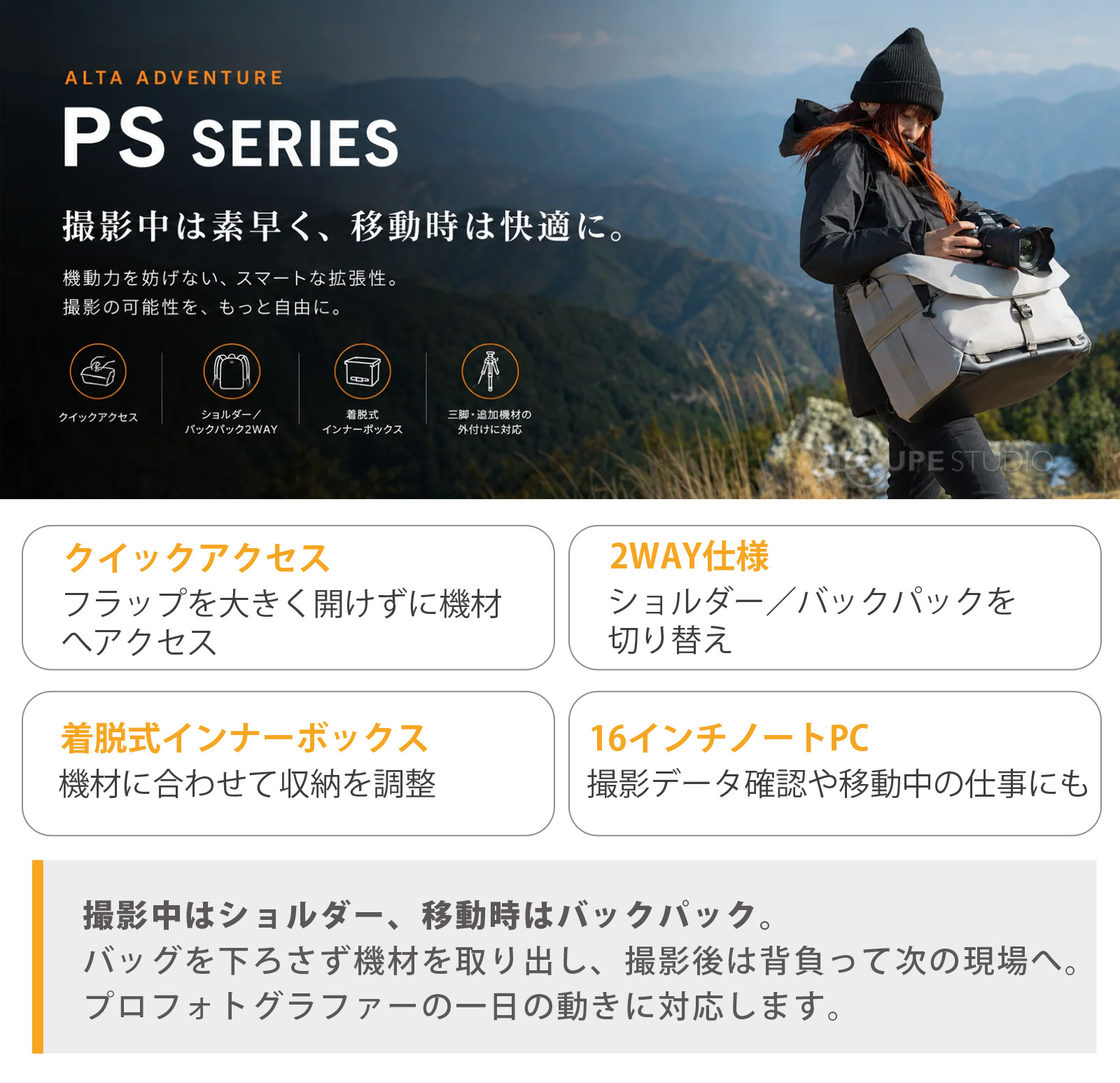 撮影中はショルダー、移動時はバックパック 