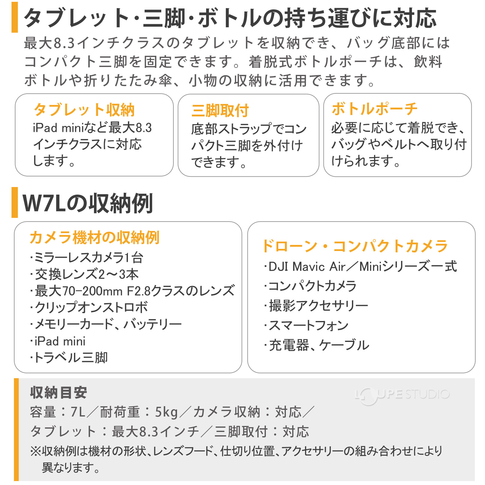 タブレット・三脚・ボトルの持ち運びに対応 