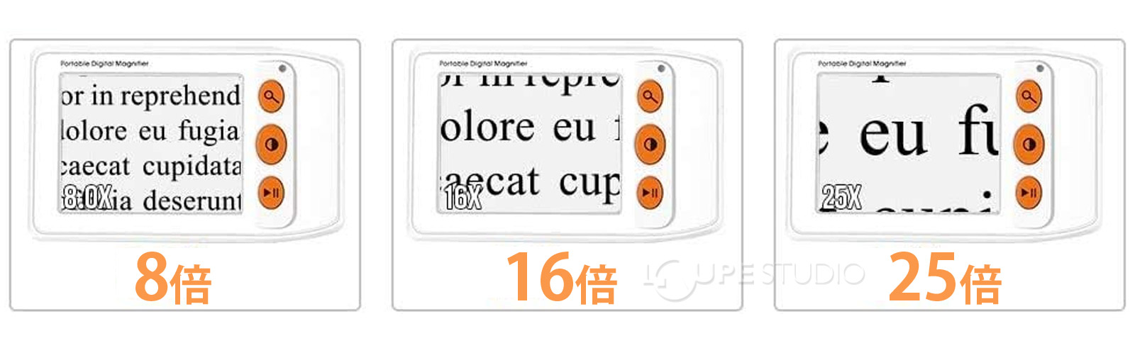 最大倍率25倍5段階の倍率切替 