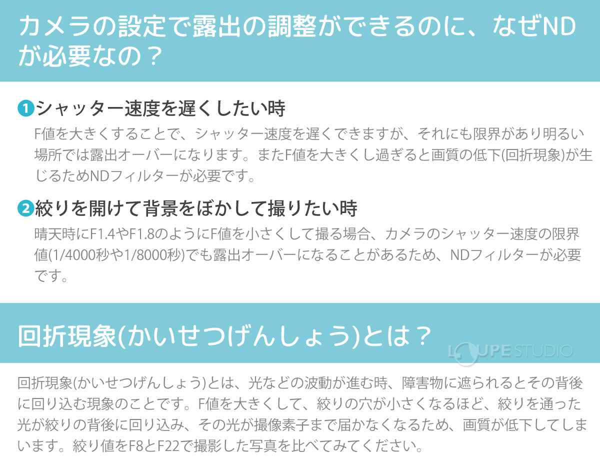 カメラの設定で露出の調整ができるのに、なぜNDが必要なの? 