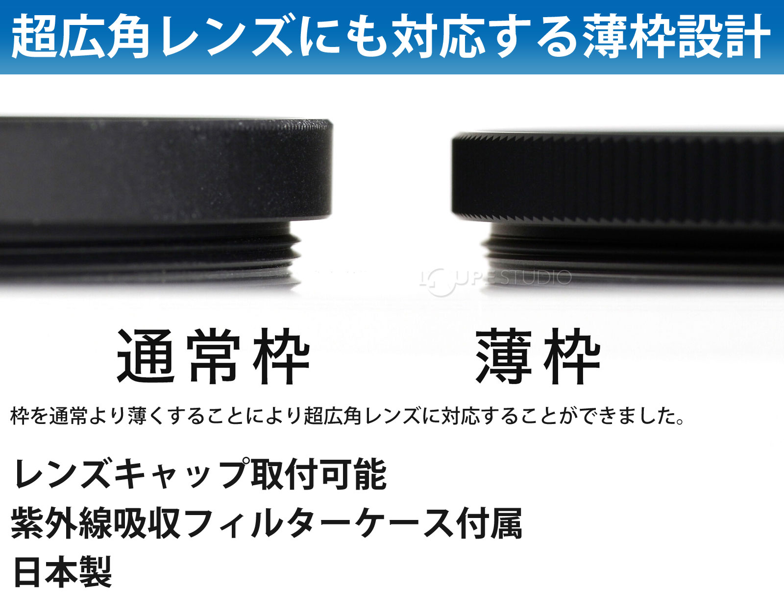 超広角レンズにも対応する薄枠設計