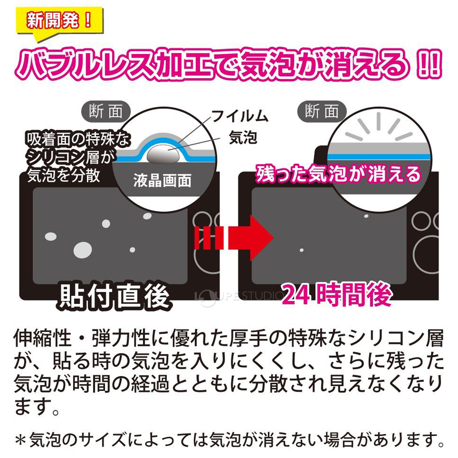 バブルレス加工で気泡が消える 