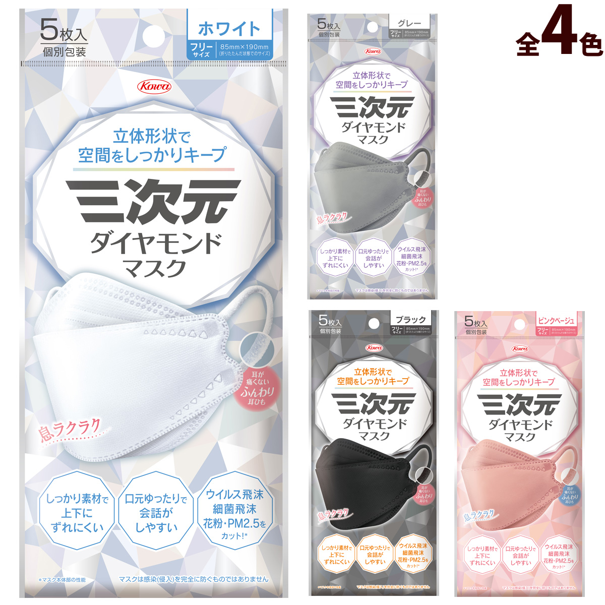 三次元マスク 三次元ダイヤモンドマスク フリーサイズ 5枚入 4層 立体 不織布 耳が痛くない 息がしやすい サージカルマスク