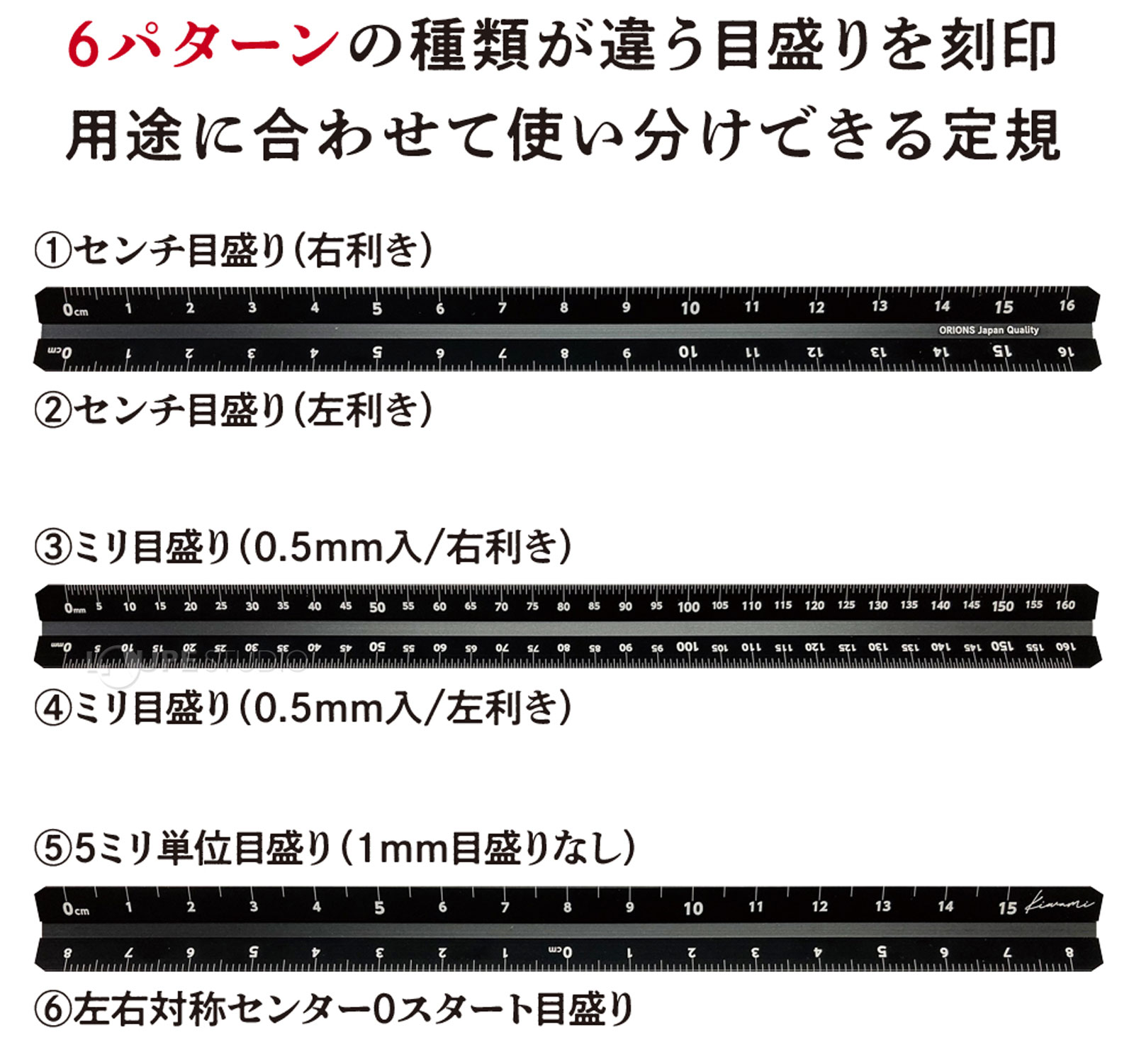 6パターンの種類が違う目盛りを刻印用途に合わせて使い分けできる定規 