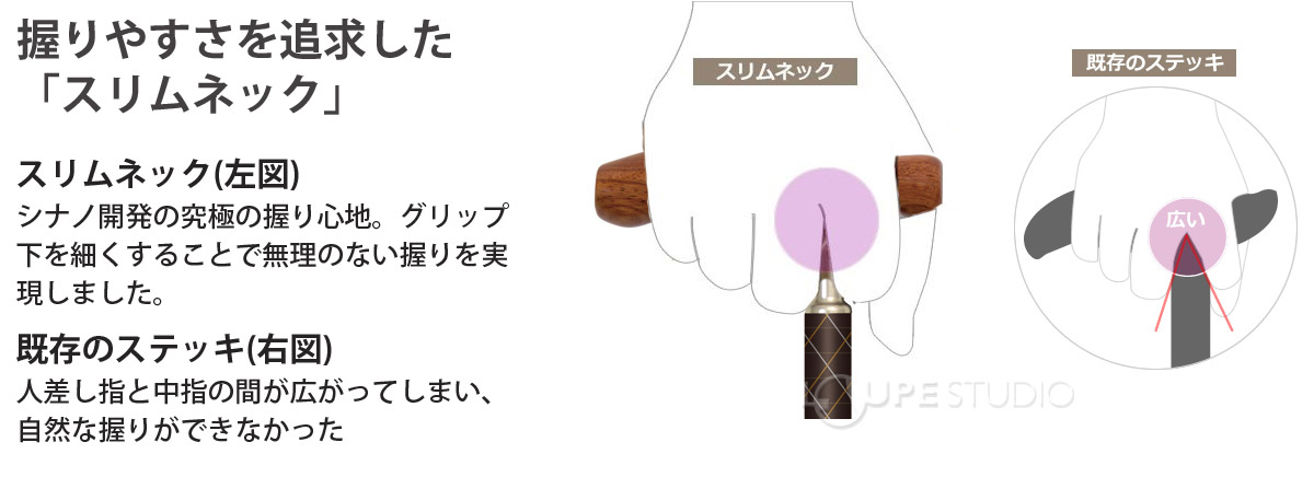 握りやすさを追求した「スリムネック」 