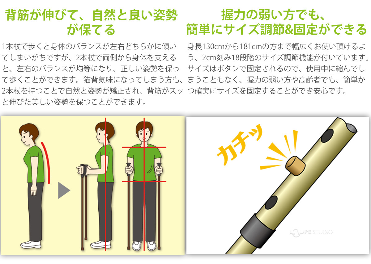 杖 あんしん 二本杖 長さ調整式 2本1組 介護 おしゃれ 歩行杖 ステッキ