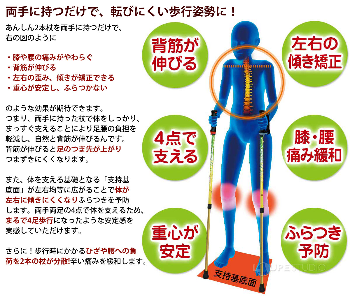 両手に持つだけで、転びにくい歩行姿勢に! 