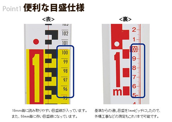 アルミスタッフ 2 3m3段 表面10mmピッチ 裏面1mmピッチ目盛付
