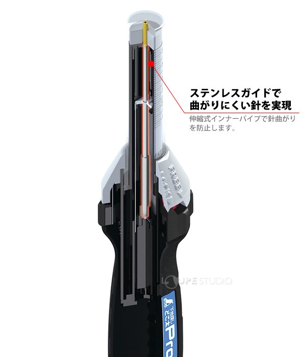 ステンレスガイドで曲がりにくい針を実現 