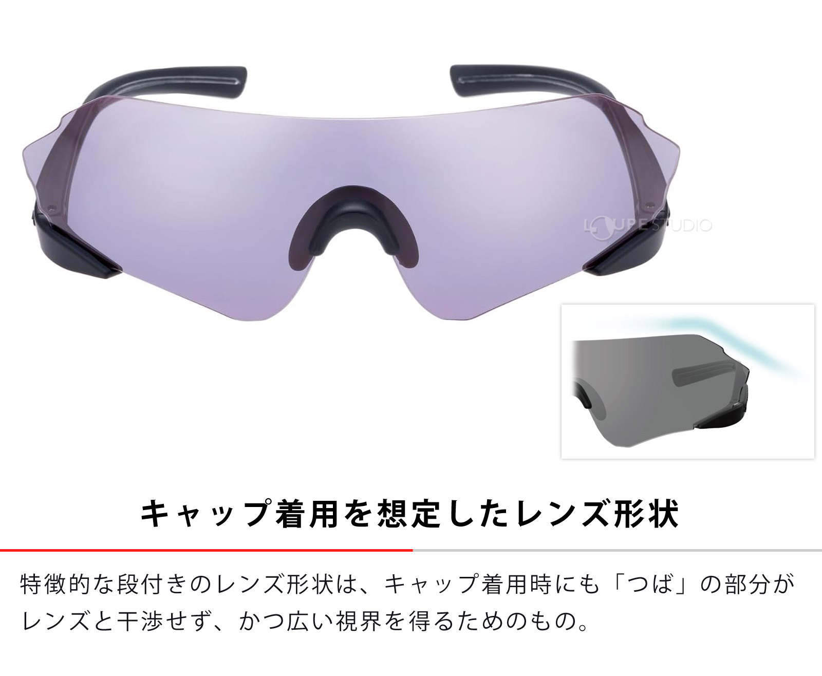 キャップ着用を想定したレンズ形状 
