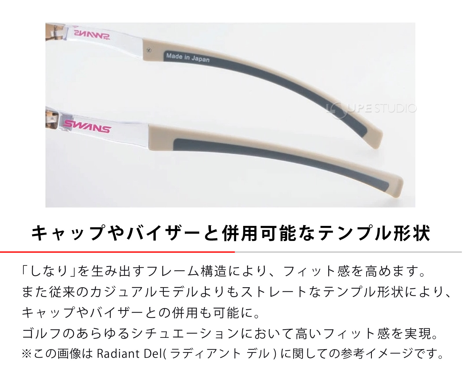 キャップやバイザーと併用可能なテンプル形状
