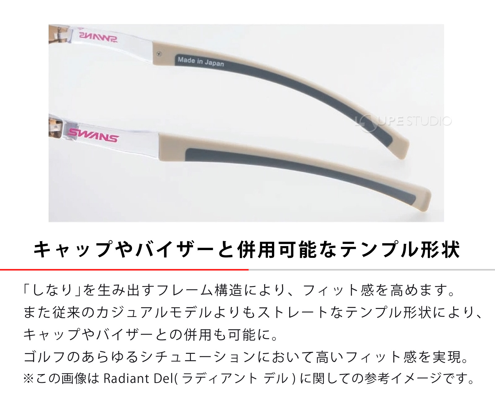 キャップやバイザーと併用可能なテンプル形状 