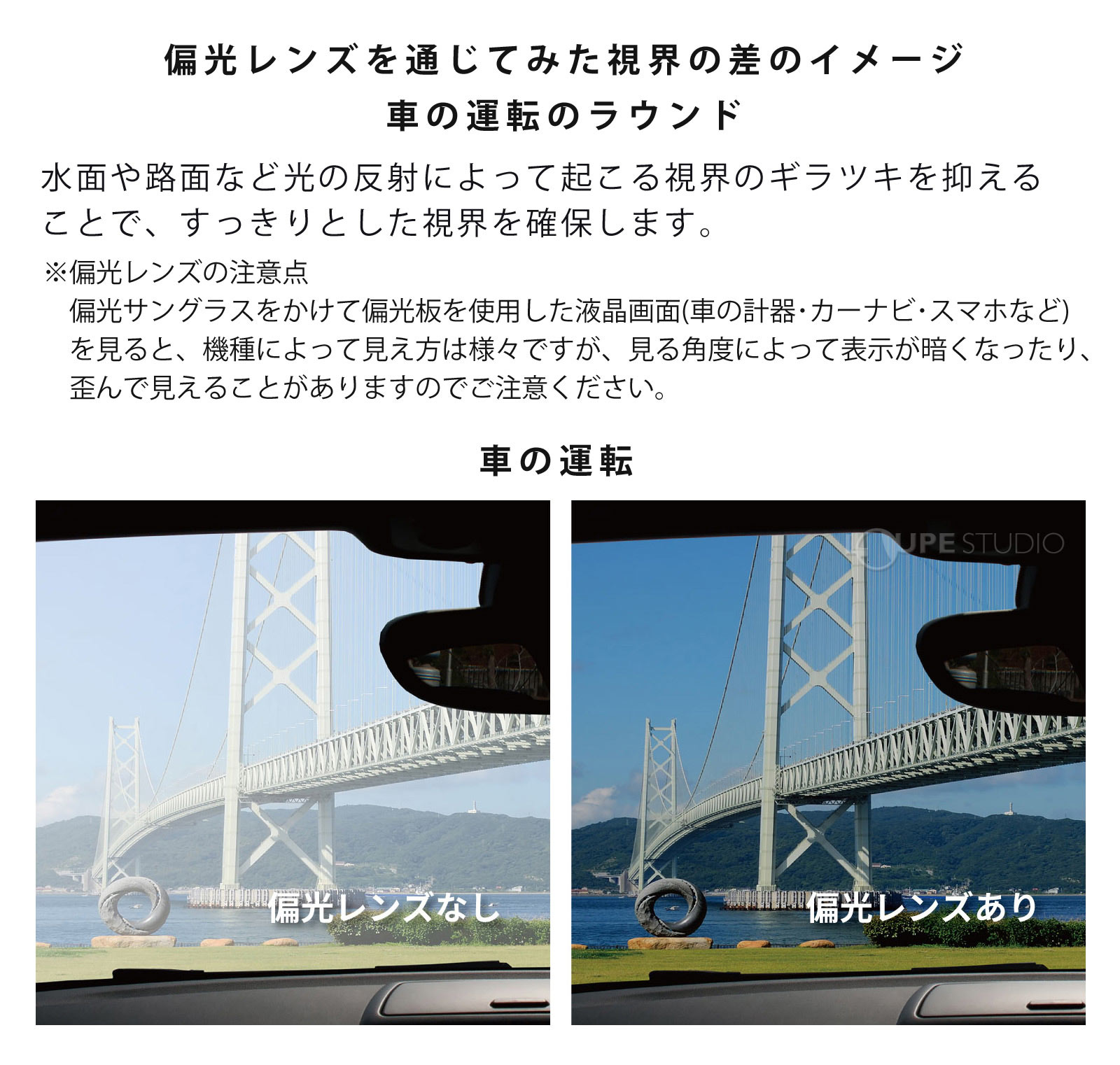 偏光レンズを通じてみた視界の差のイメージ 