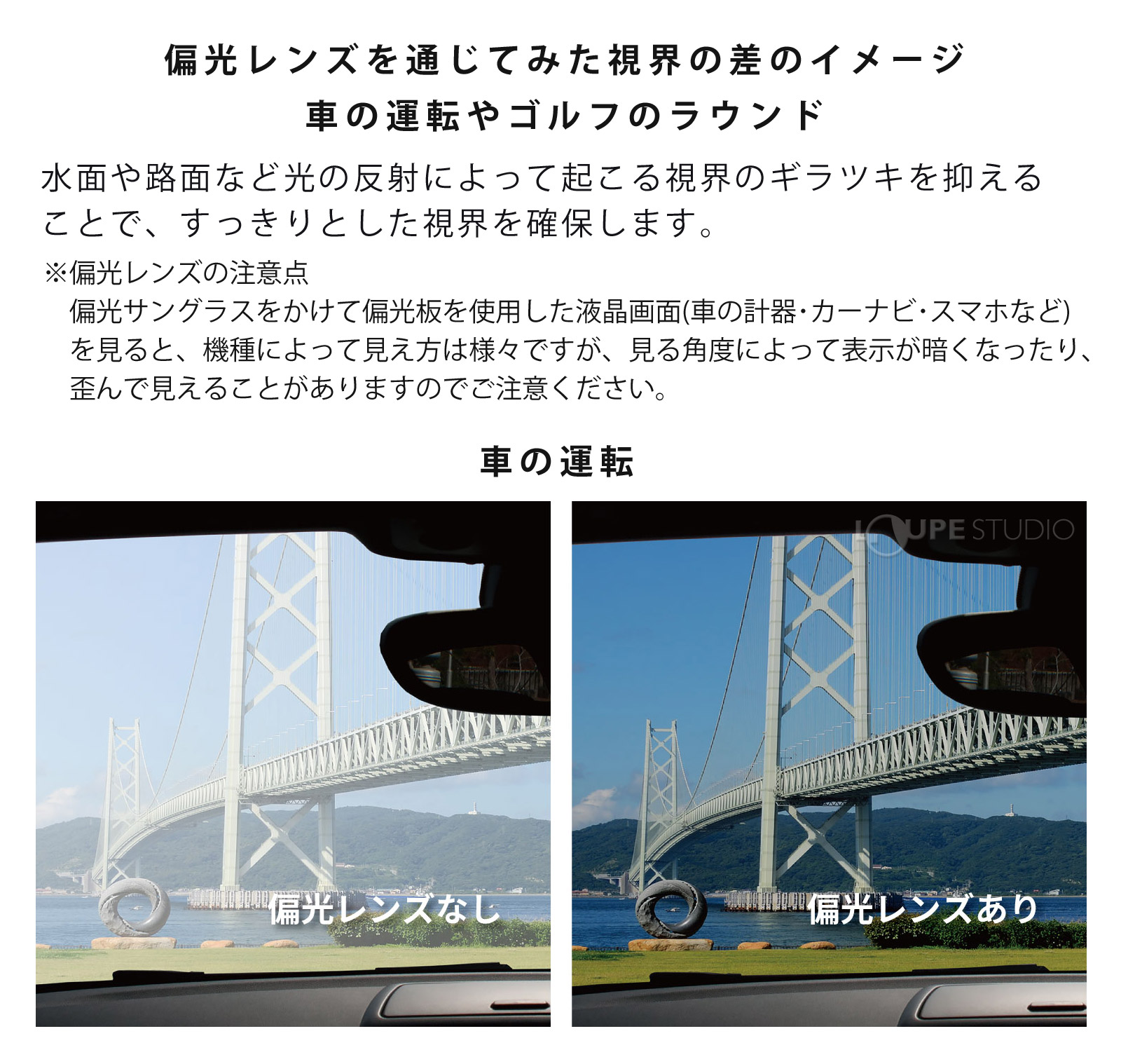偏光レンズを通じてみた視界の差のイメージ 