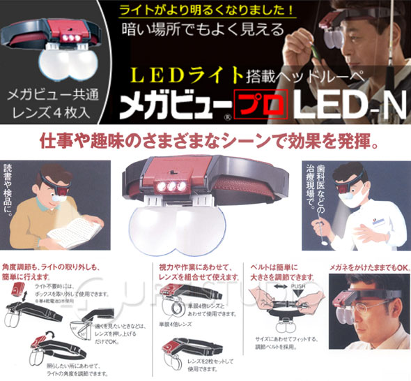 ヘッドルーペ LEDライト付き ルーペ メガビュープロ LED-N MGL-N TERASAKI 1.7倍 2倍 2.5倍(レンズ3枚)＋4倍単眼レン