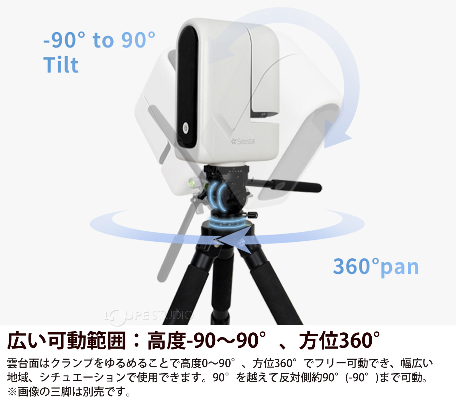 広い可動範囲:高度-90～90°、方位360° 