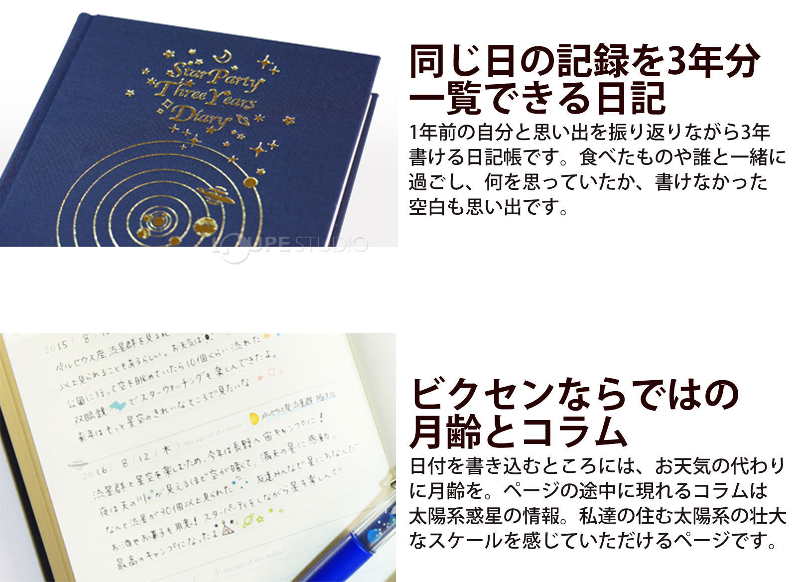 同じ日の記録を3年分一覧できる日記 