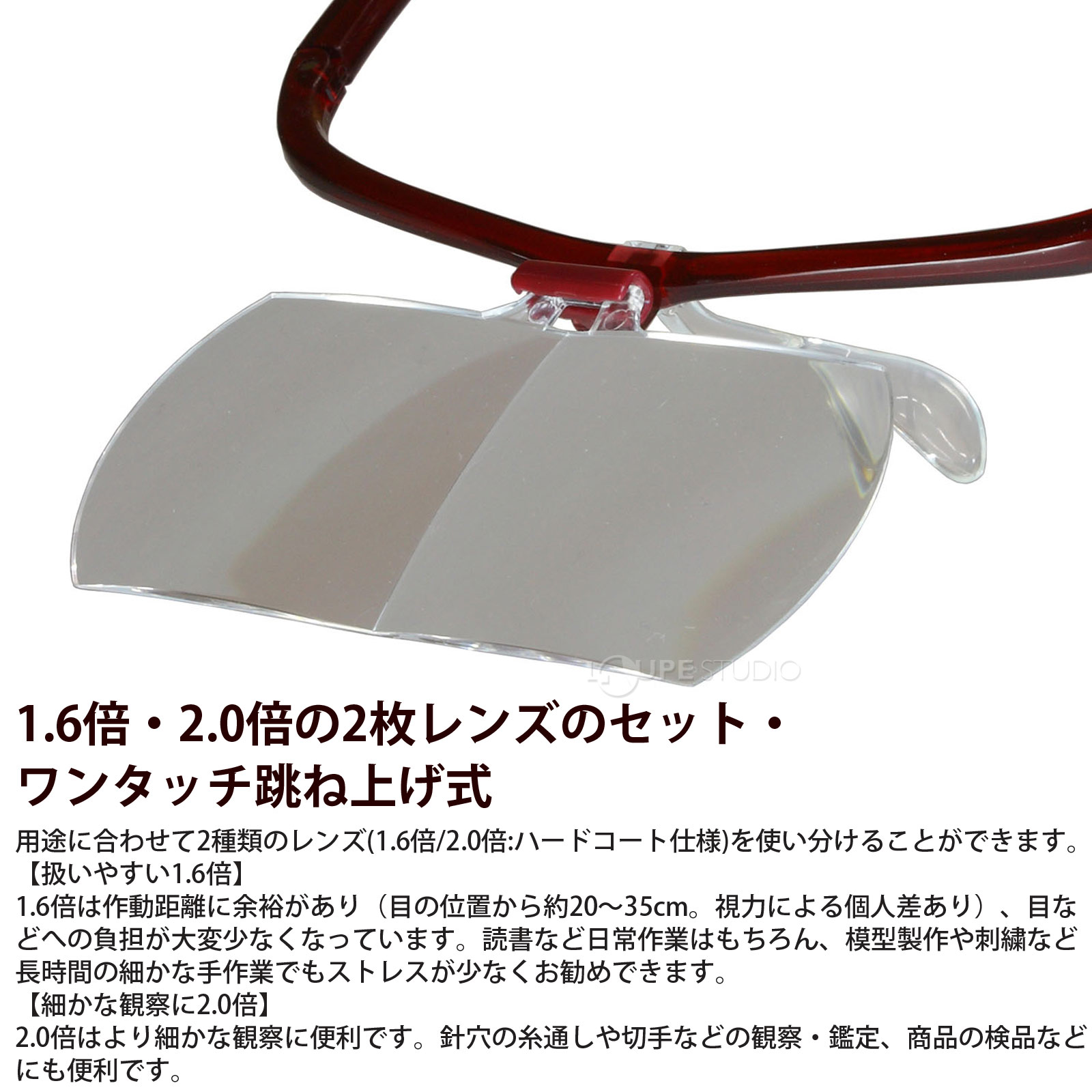 1.6倍・2.0倍の2枚レンズのセット・ワンタッチ跳ね上げ式 