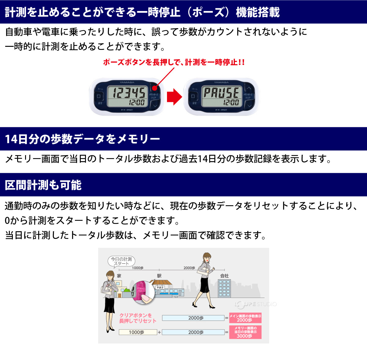 計測を止めることができる一時停止(ポーズ)機能搭載 