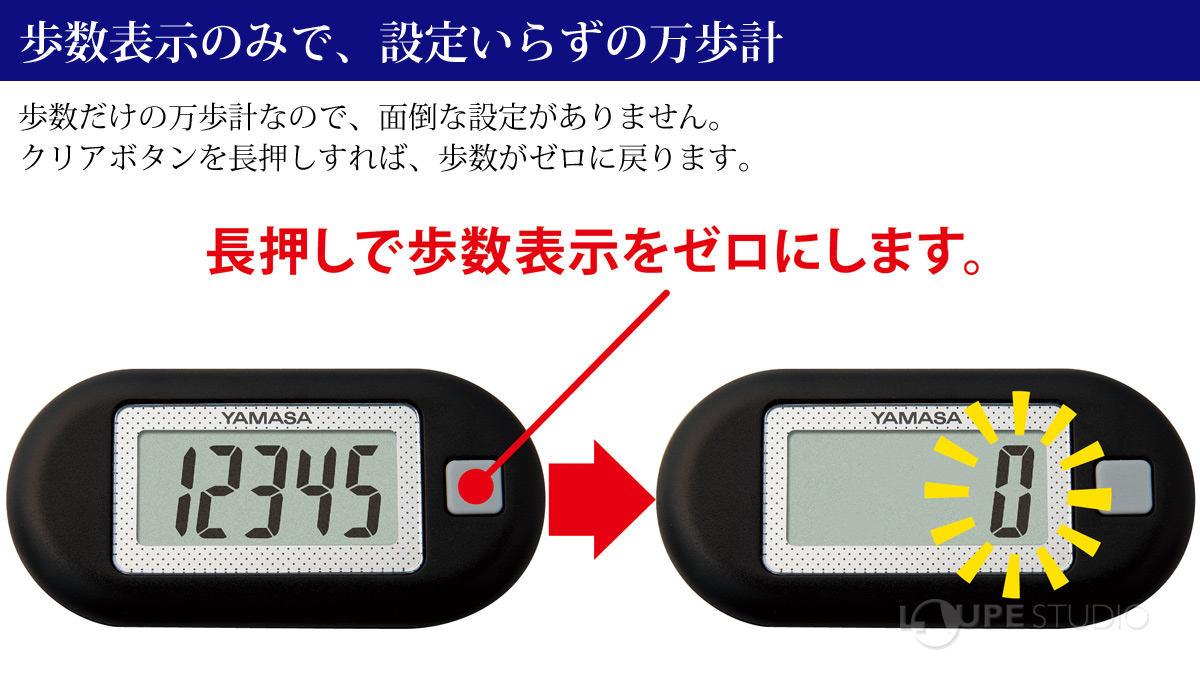 歩数表示のみで、設定いらずの万歩計