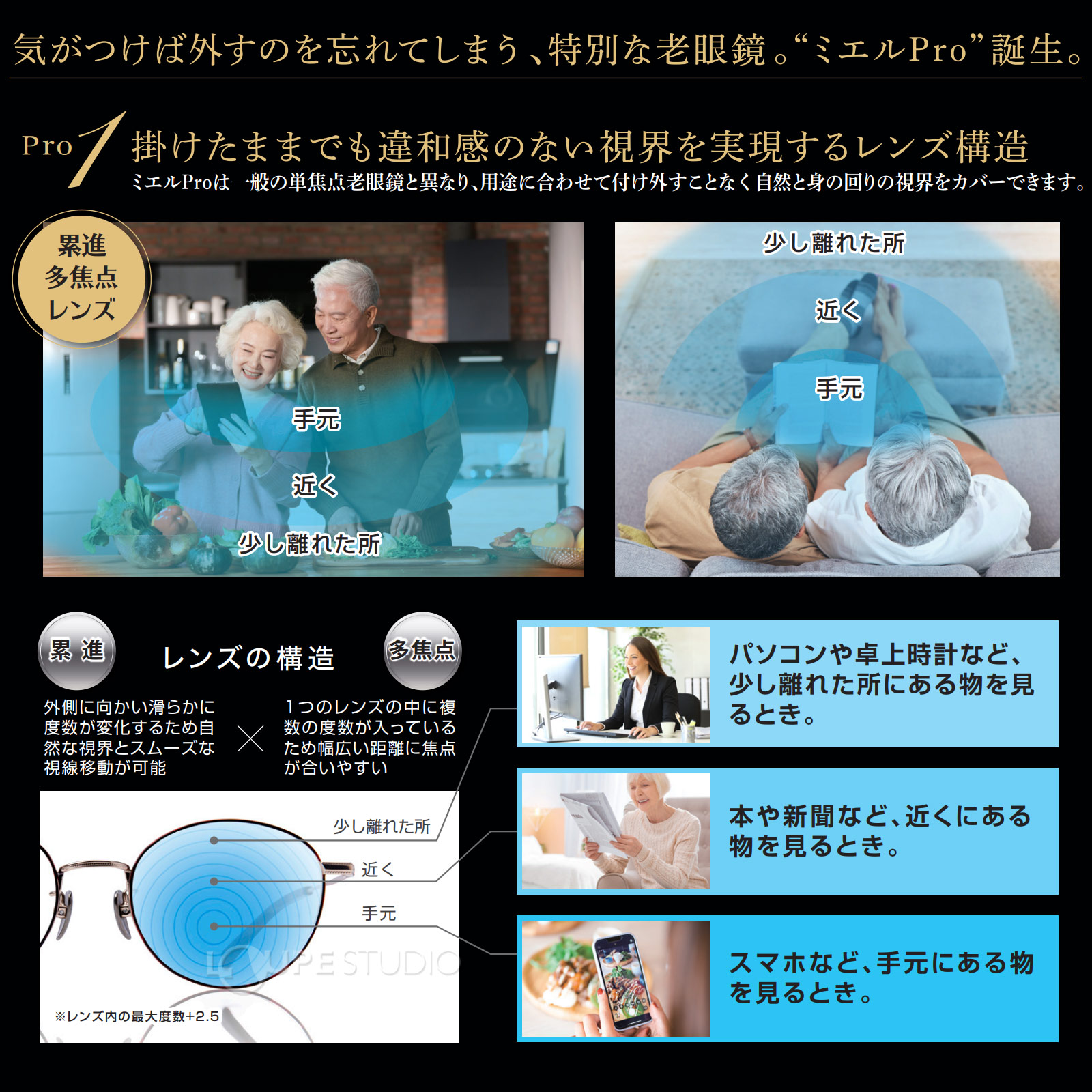 掛けたままでも違和感のない視界を実現するレンズ構造