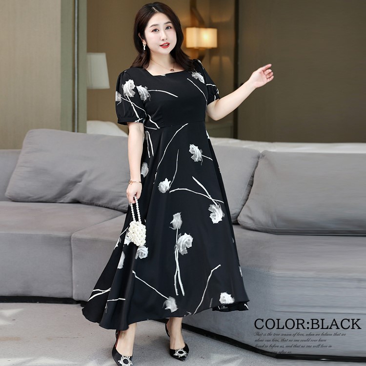 シグゼーン　XL （ハワイサイズ） ロングドレス 黒地に白い花柄　大きいサイズ シグゼーン XL （ハワイサイズ） ロングドレス 黒地に白い花柄 大きい