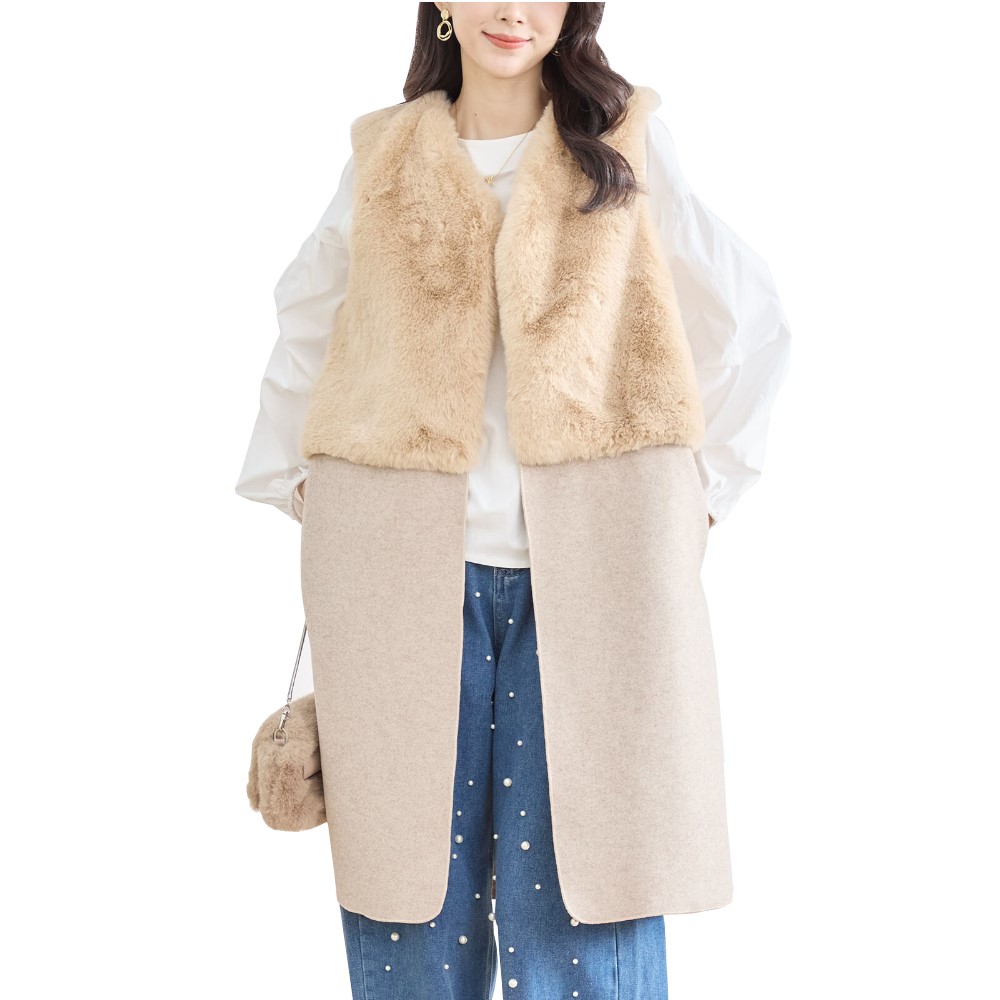 エコファーロングベスト フェイクファー 切替えデザイン ニット