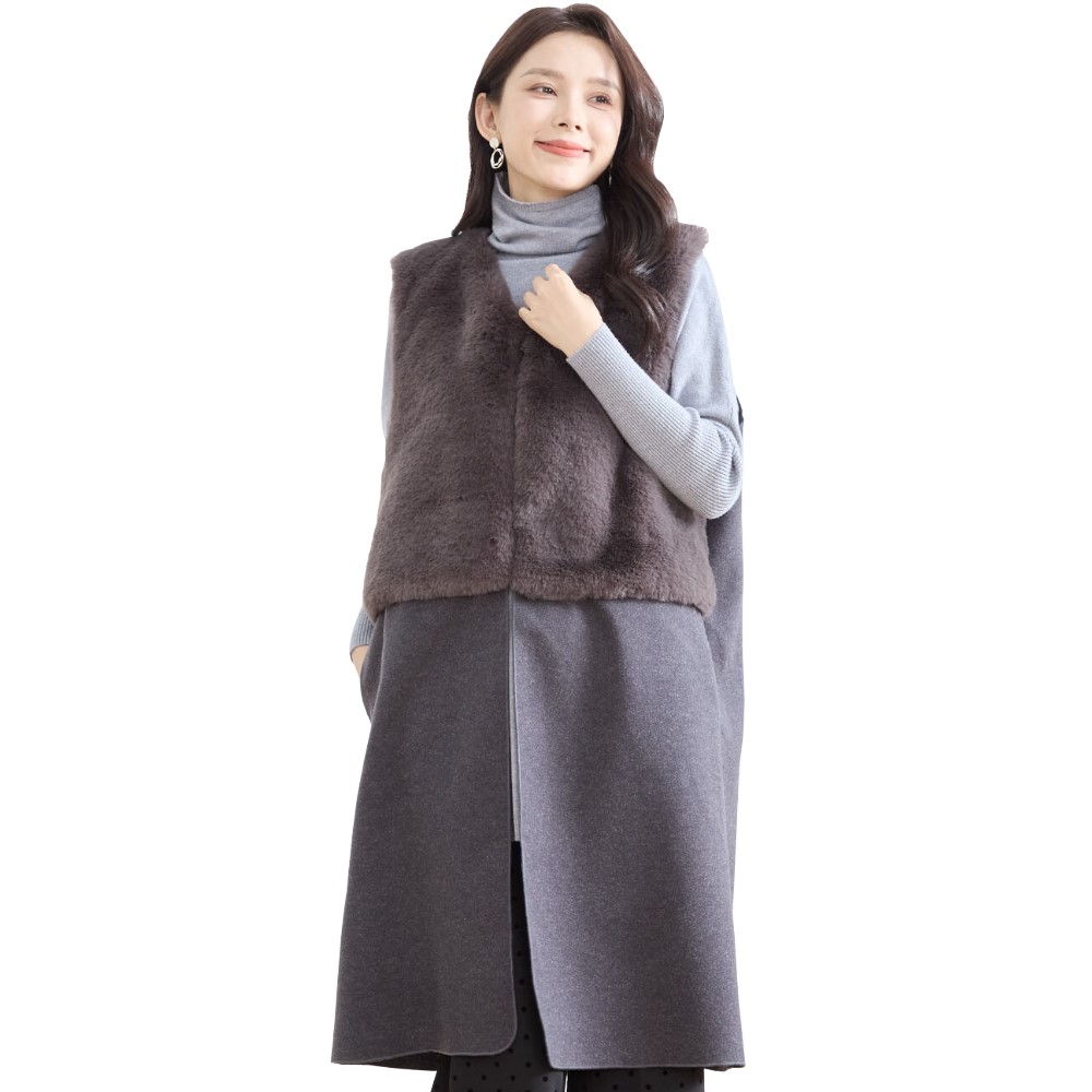 エコファーロングベスト フェイクファー 切替えデザイン ニット ロング